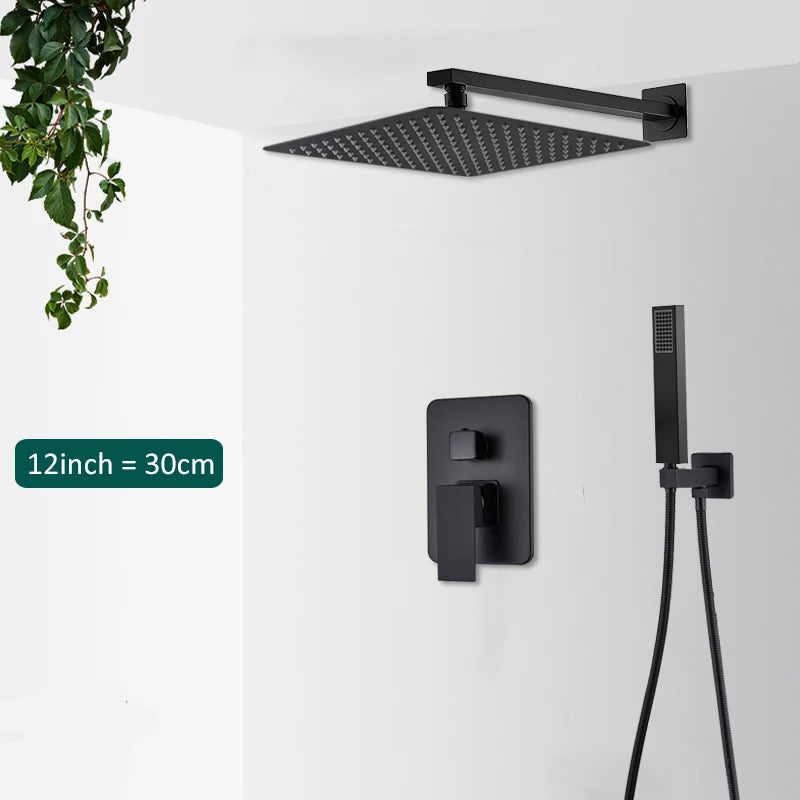 Black Concealed Shower System Rain Waterfall Bathroom Embedded