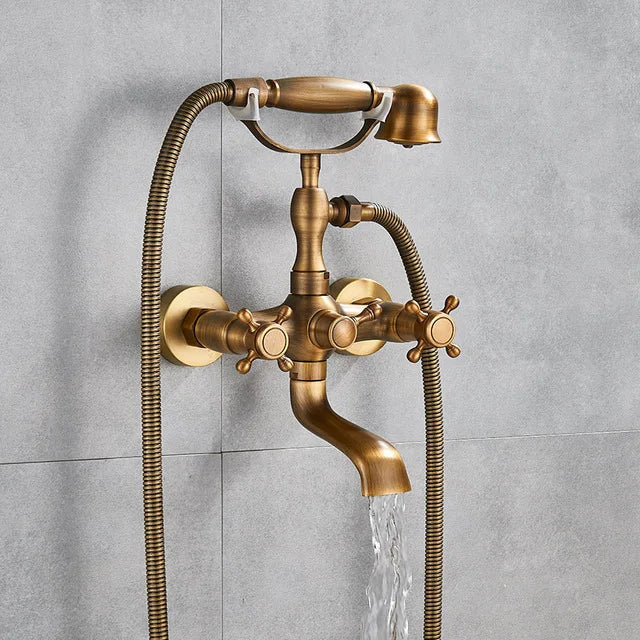 Antique Brass Bathtub Shower Faucets Dual Knobs Mixer