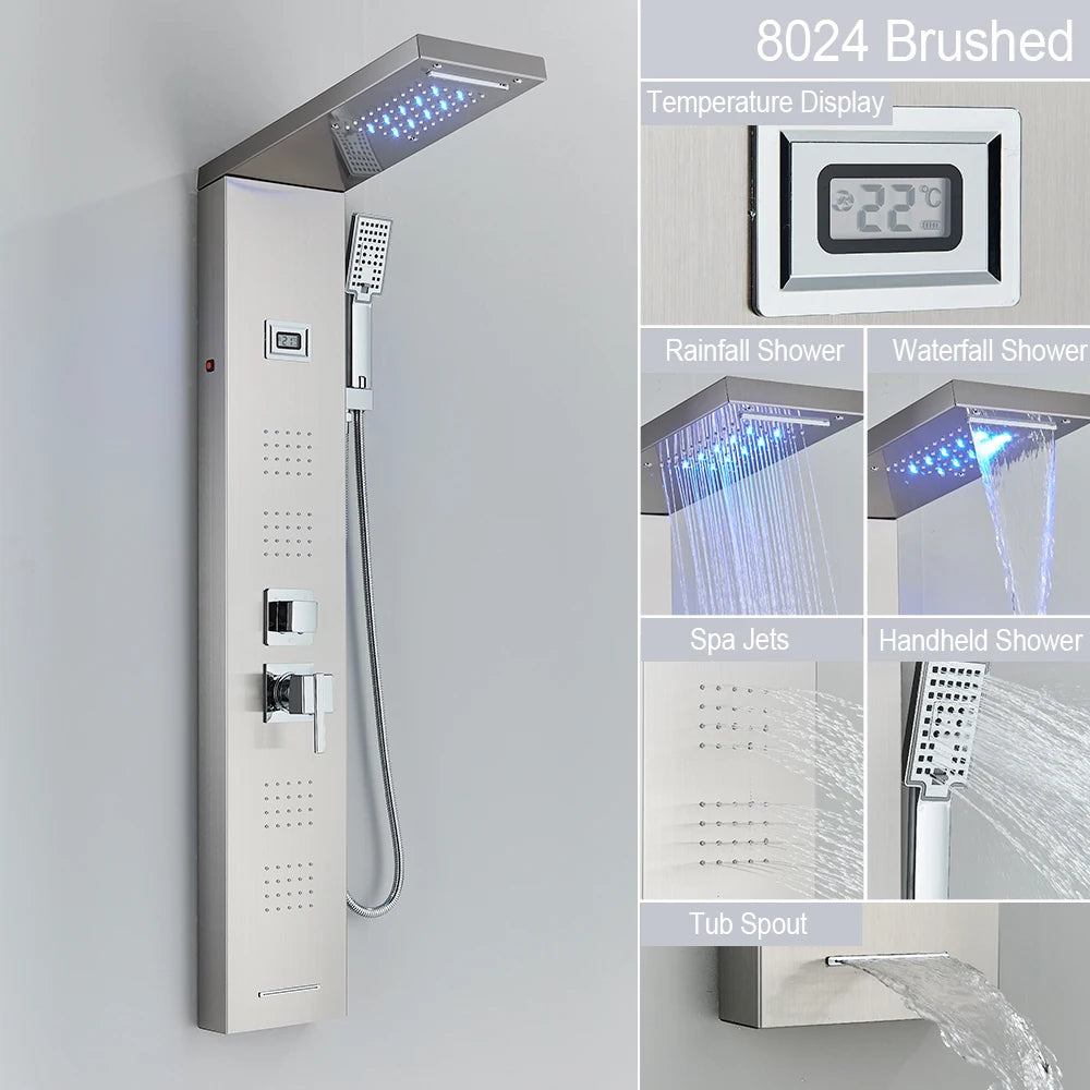 Black Led Shower Panel Waterfall Rain Shower Faucet