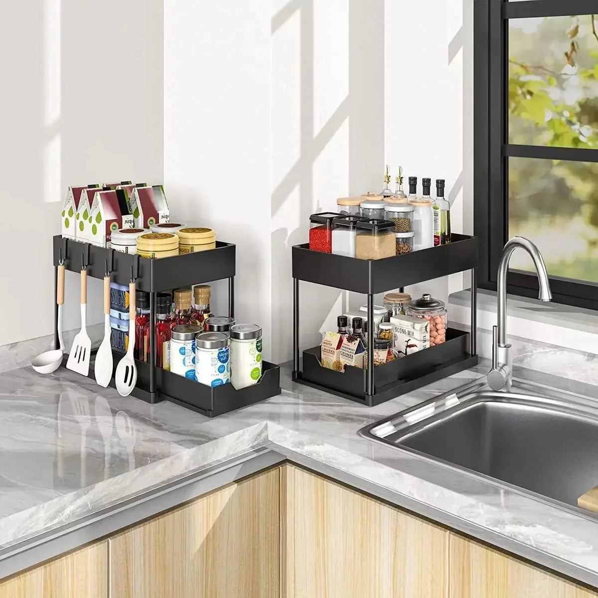 Tier Under Sink Organizer Sliding Storage Rack Hooks