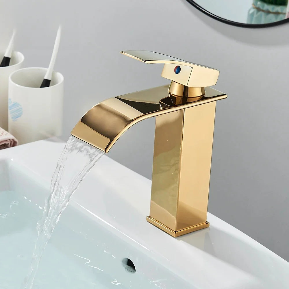 Brushed Golden Basin Faucets Elegant Waterfall Bathroom Sink