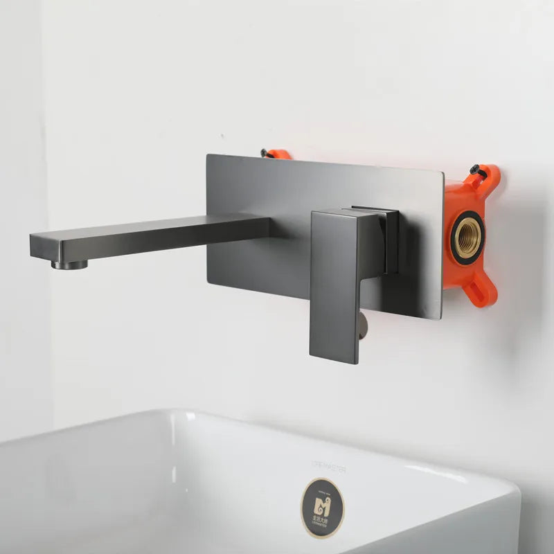 Modern Brass Wall Mount Bathroom Basin Faucet Hidden