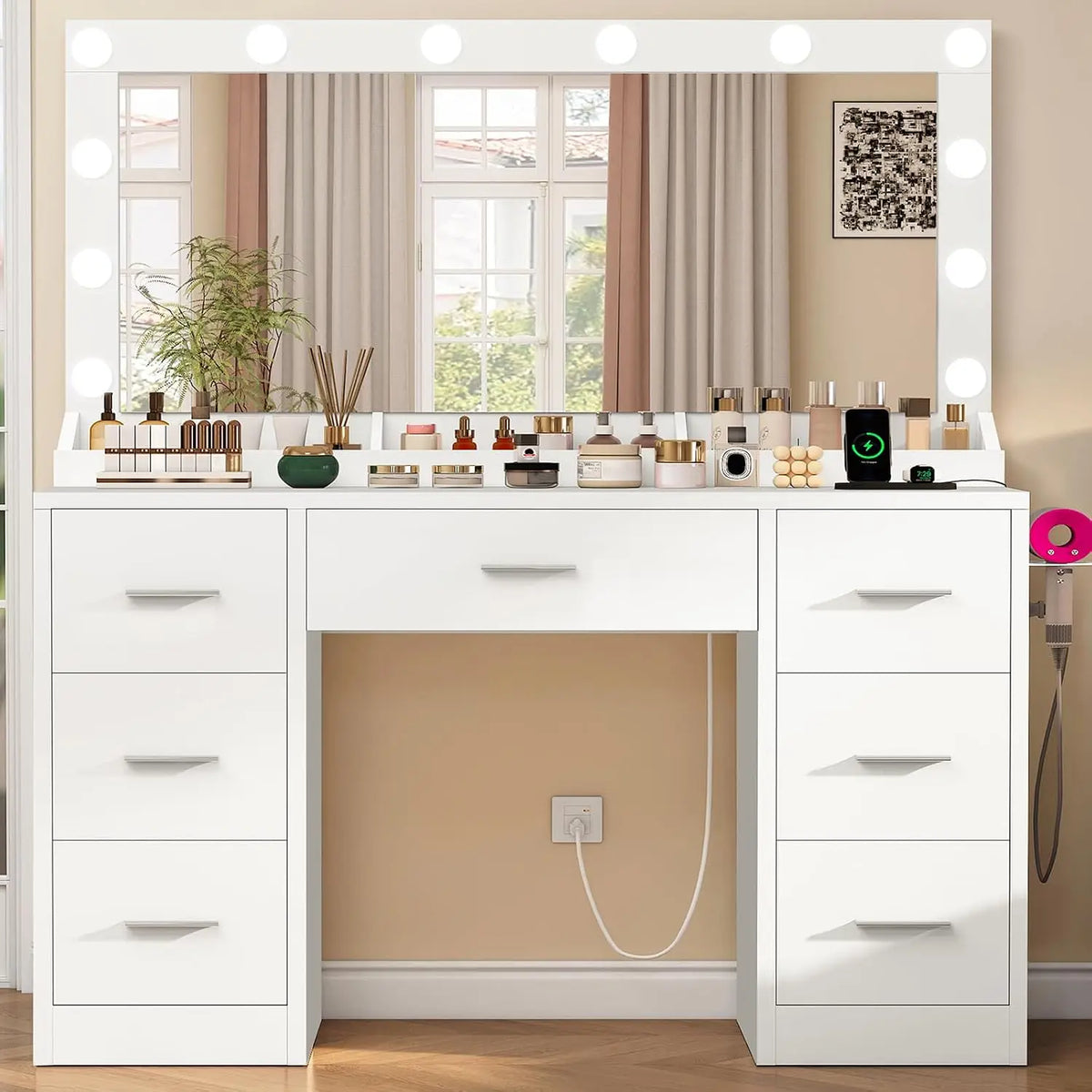 46 Vanity Desk Glass Top & Lights Mirror