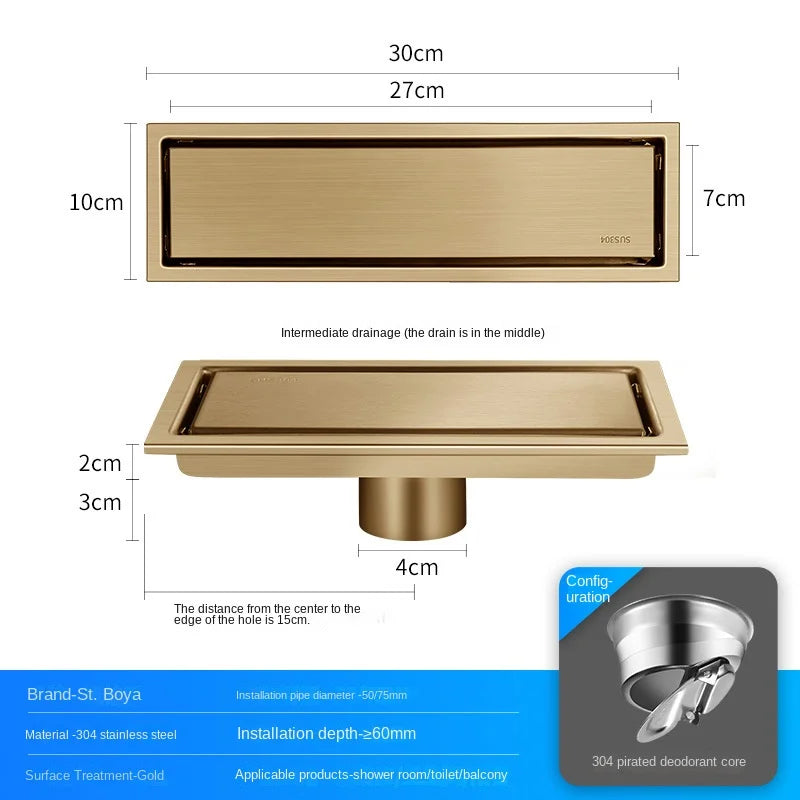 Invisible Tile Floor Drain Brshed Gold Black 304