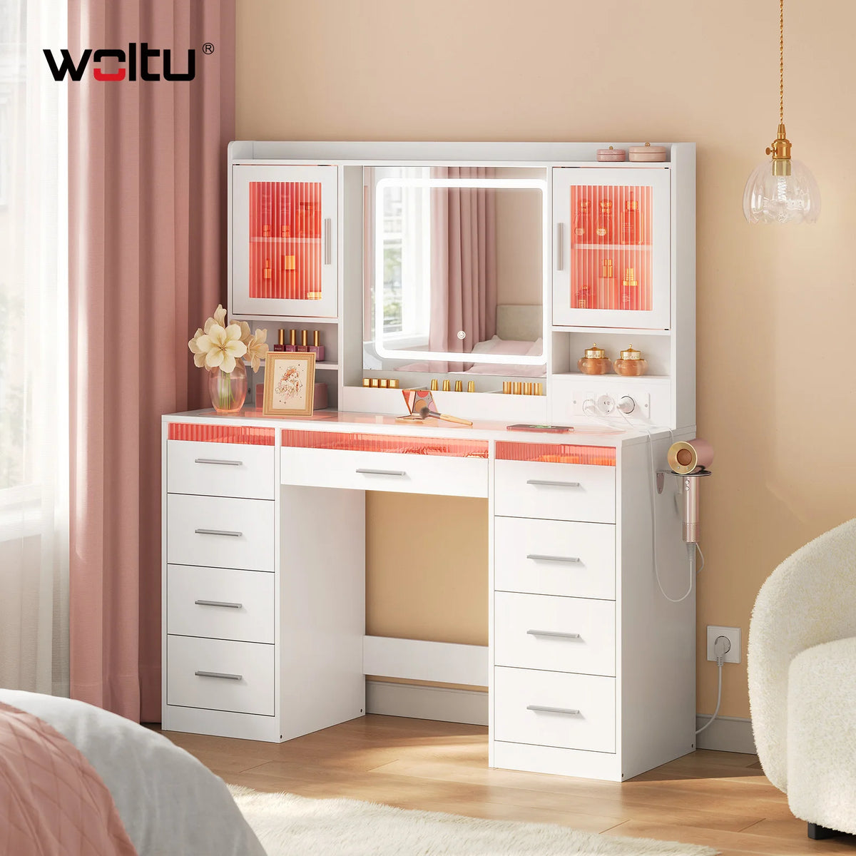 Woltu Cosmetic Table Drawers Rgb Lighting Makeup Vanity