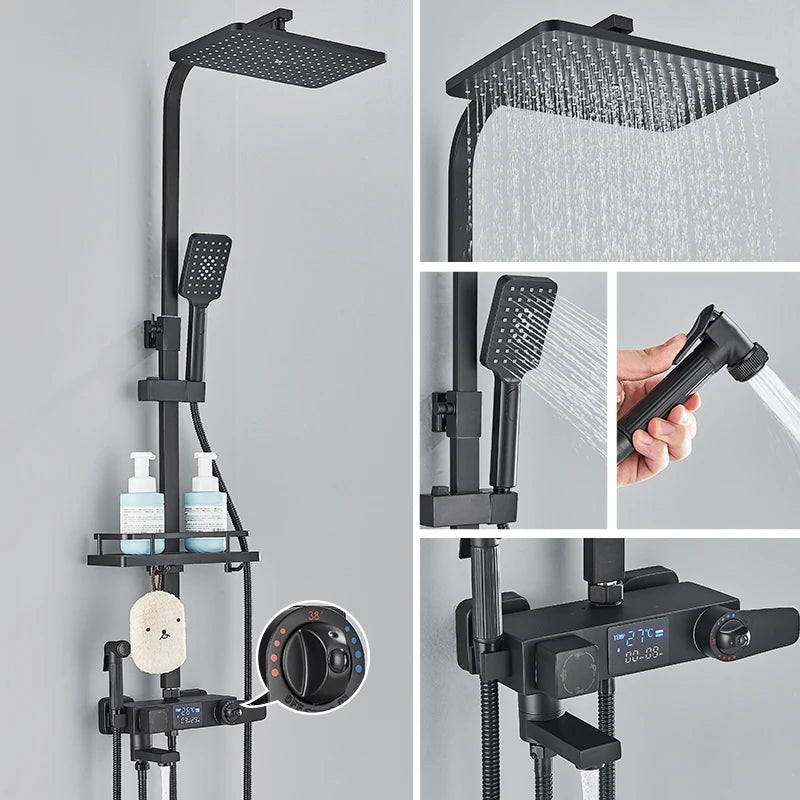 Black Digital Display Thermostatic Shower Faucets Rainfall Shower