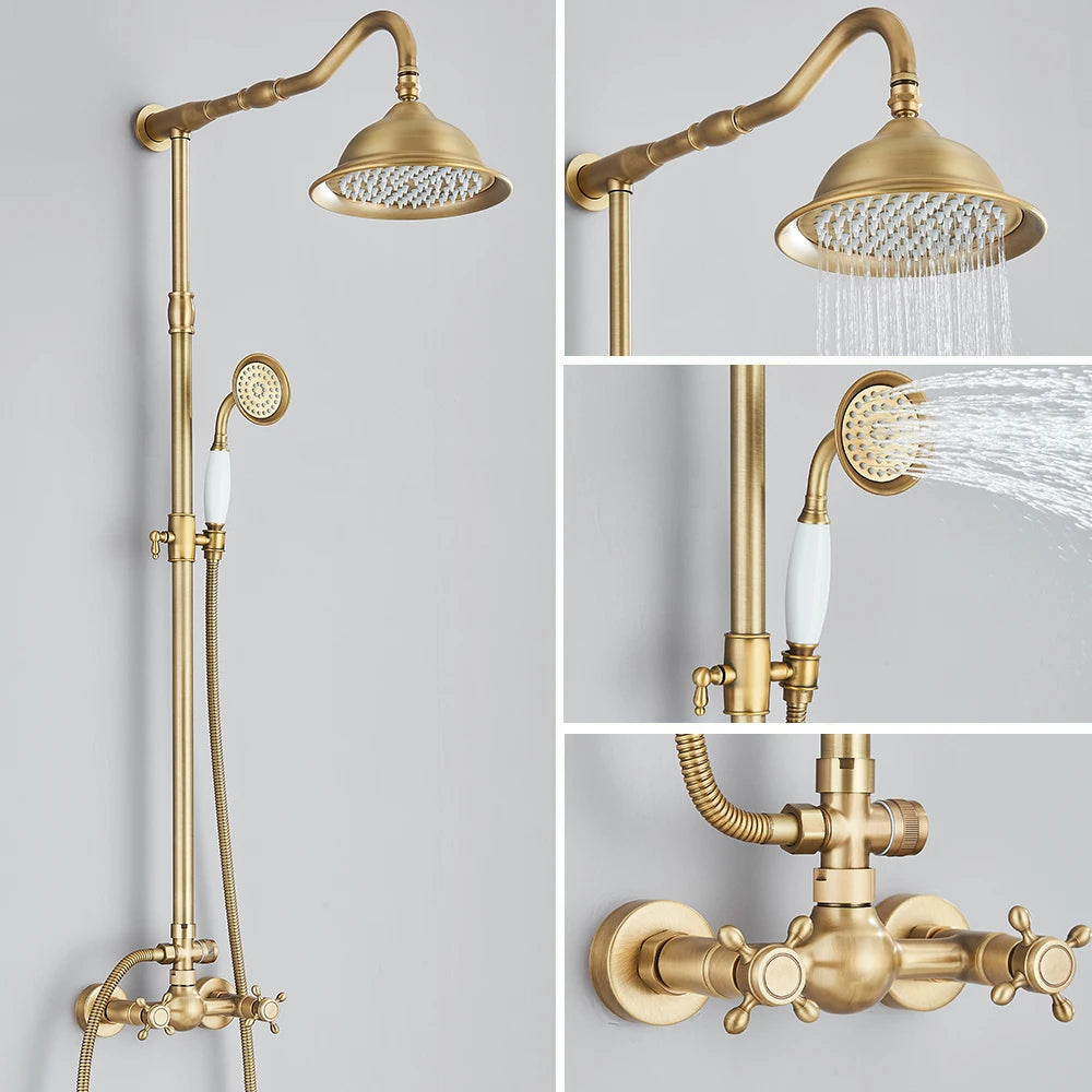 Quyanre Antique Brass Shower Faucets Wall Mount Rainfall