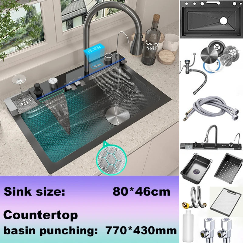 Stainless Steel Sink Waterfall Digital Display Faucet Large