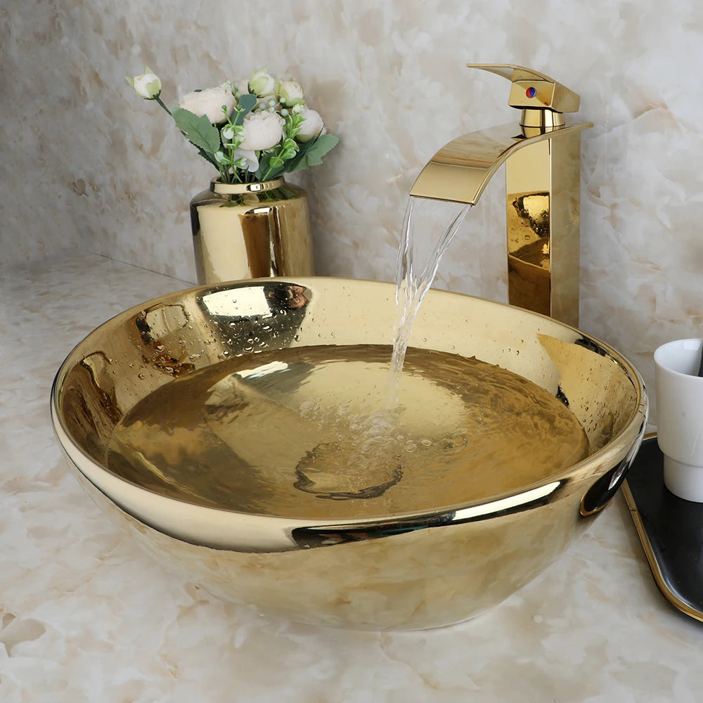 Kemaidi Bathroom Vessel Sink Luxury Shiny Gold Ceramic