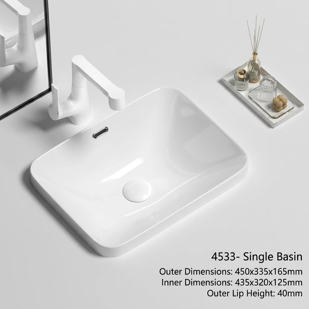 Rectangular Semi Recessed Ceramic Wash Basin Bathroom Countertop