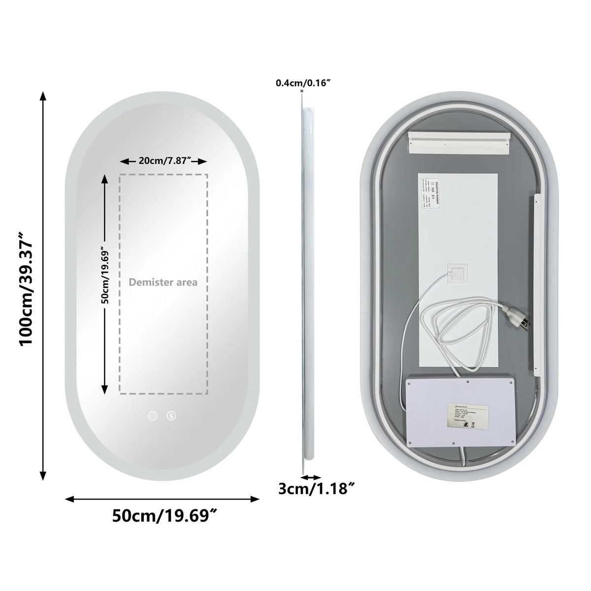 80/100/120cm Long Oval Led Bathroom Mirror Backlit Wall