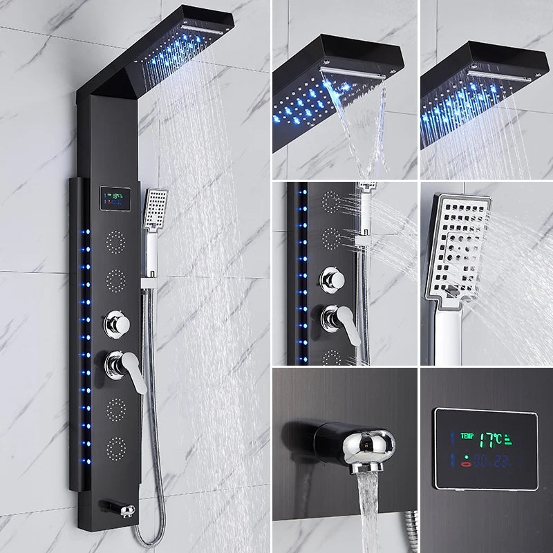 Black Wall-Mounted Shower Panel Shower Column Waterfall Nozzle