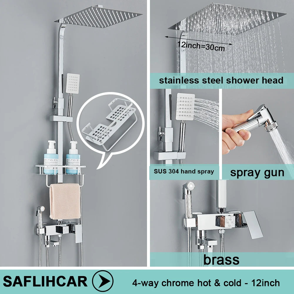 Black/Chrome Brass Shower Faucets Rainfall Shower Shelf Cold