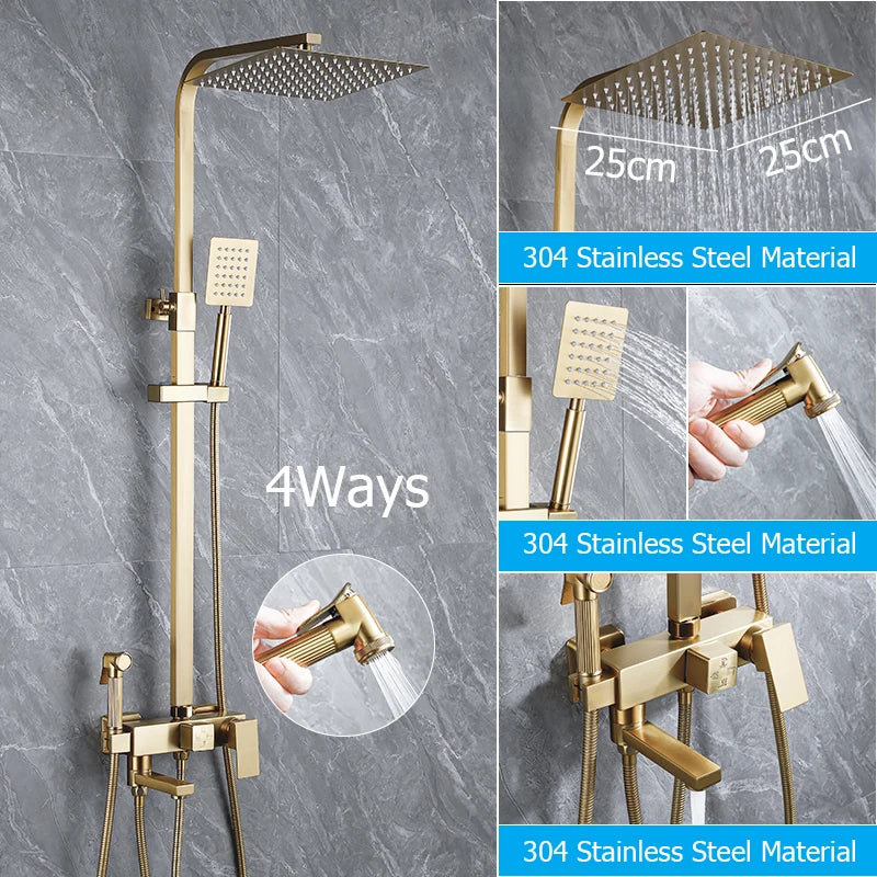 Wall Mount Brushed Gold Bathroom Shower Faucet Bath