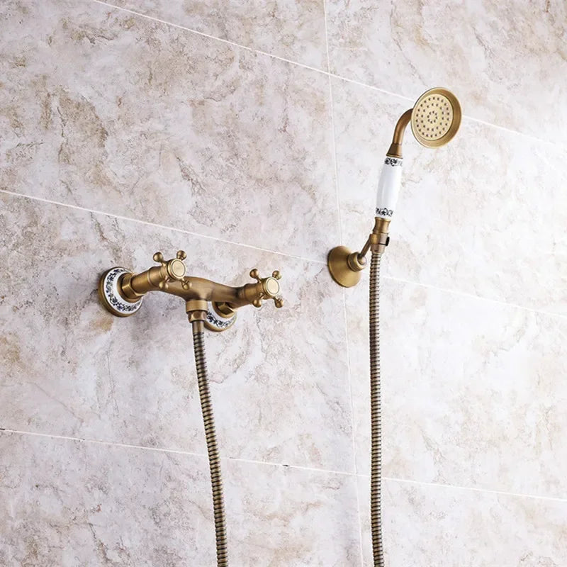 Retro Shower Faucets Antique Brass Ceramics Bathtub Faucets