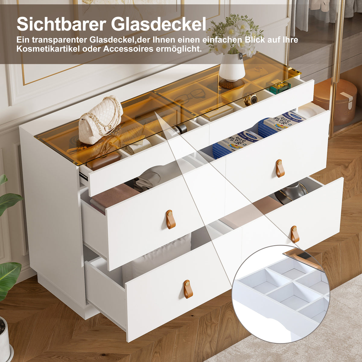 6-Drawer White Sliding Glass Sideboard Makeup Vanity Cabinet