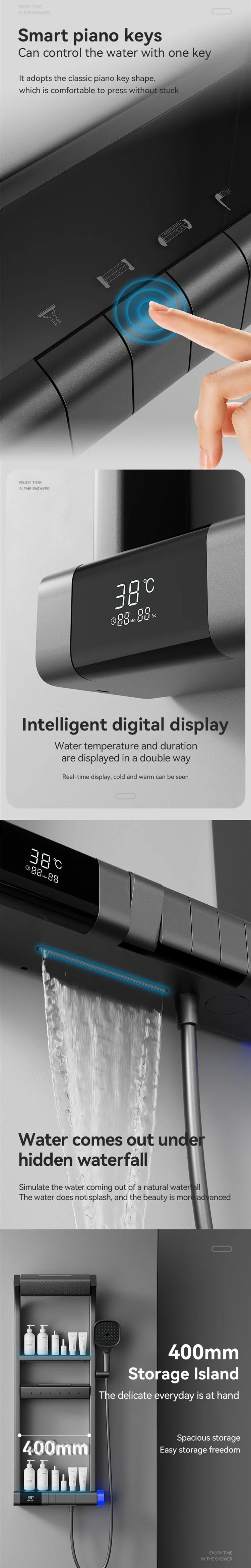 Black Multi-Function Shower System Bathroom Wall Mounted