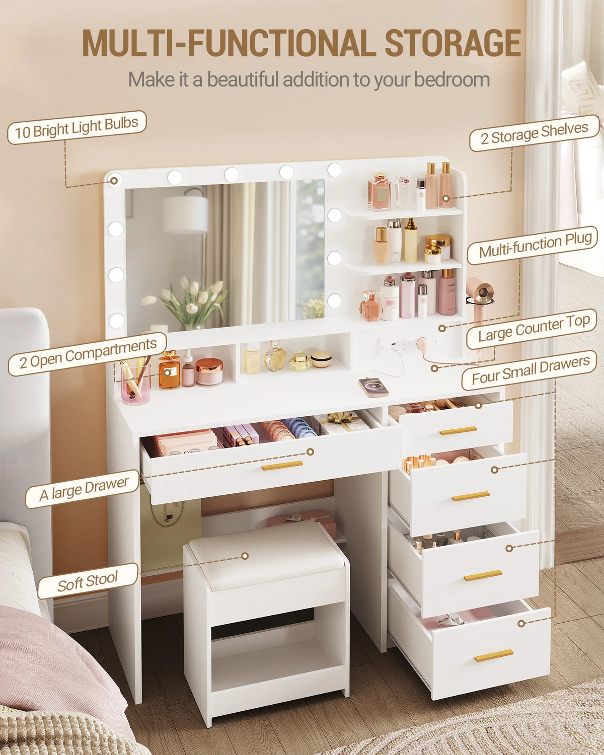 Hzuaneri Dressing Table 10 Led Lights Stool Vanity