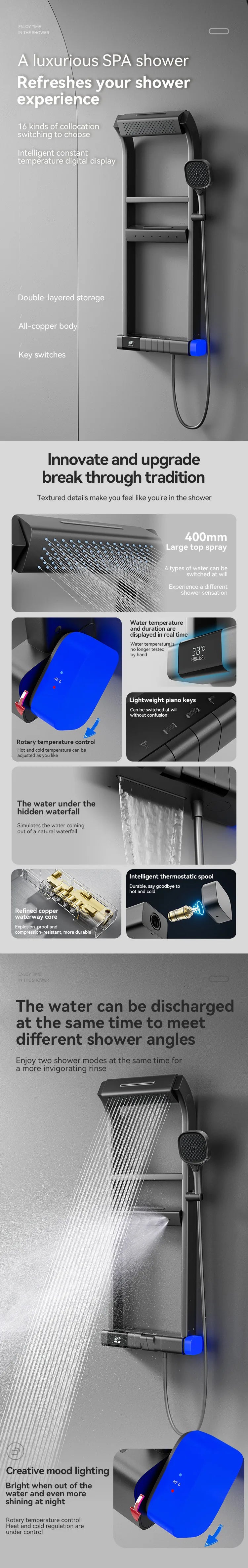 Black Multi-Function Shower System Bathroom Wall Mounted