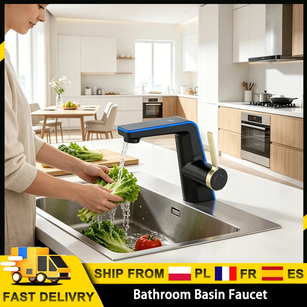 Bathroom Basin Faucet Led Digital Display Brass Dual