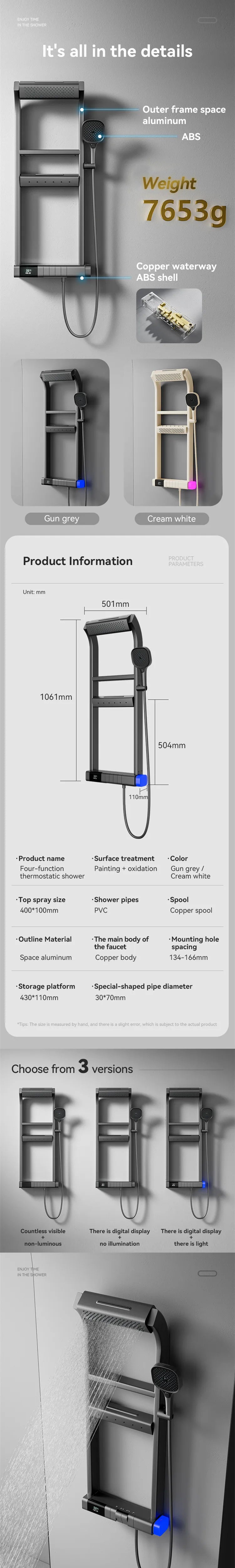Multi-Function Shower System Bathroom Wall Mounted Thermostatic