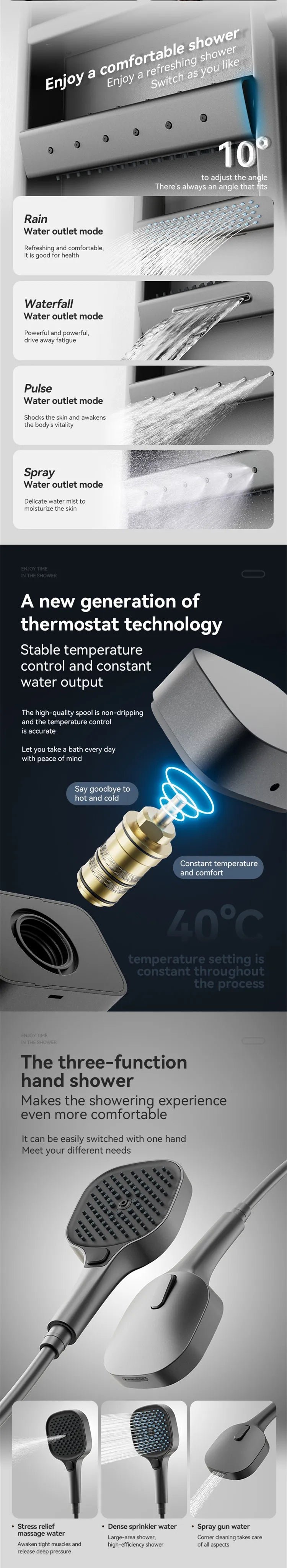 Multi-Function Shower System Bathroom Wall Mounted Thermostatic