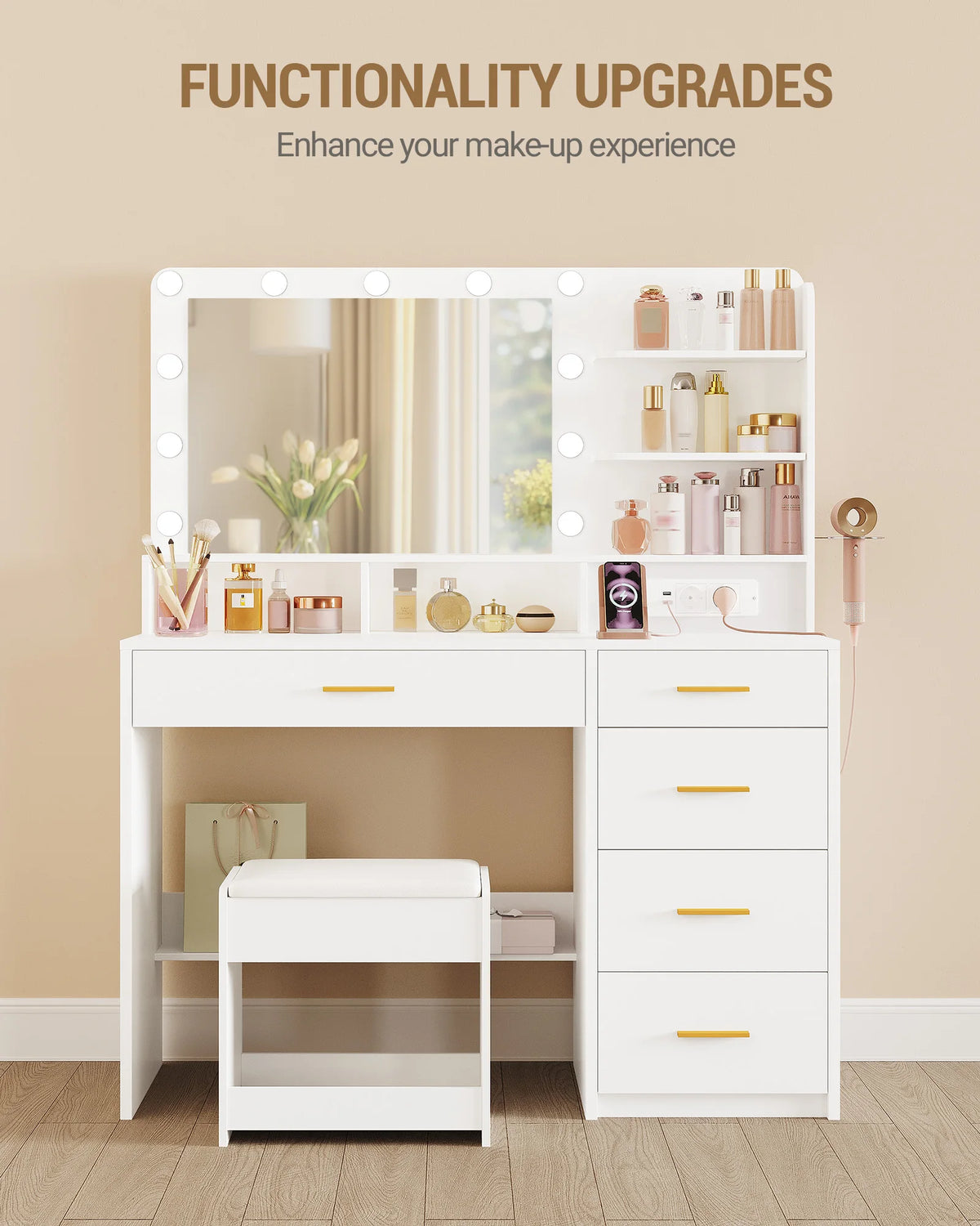 Hzuaneri Dressing Table 10 Led Lights Stool Vanity