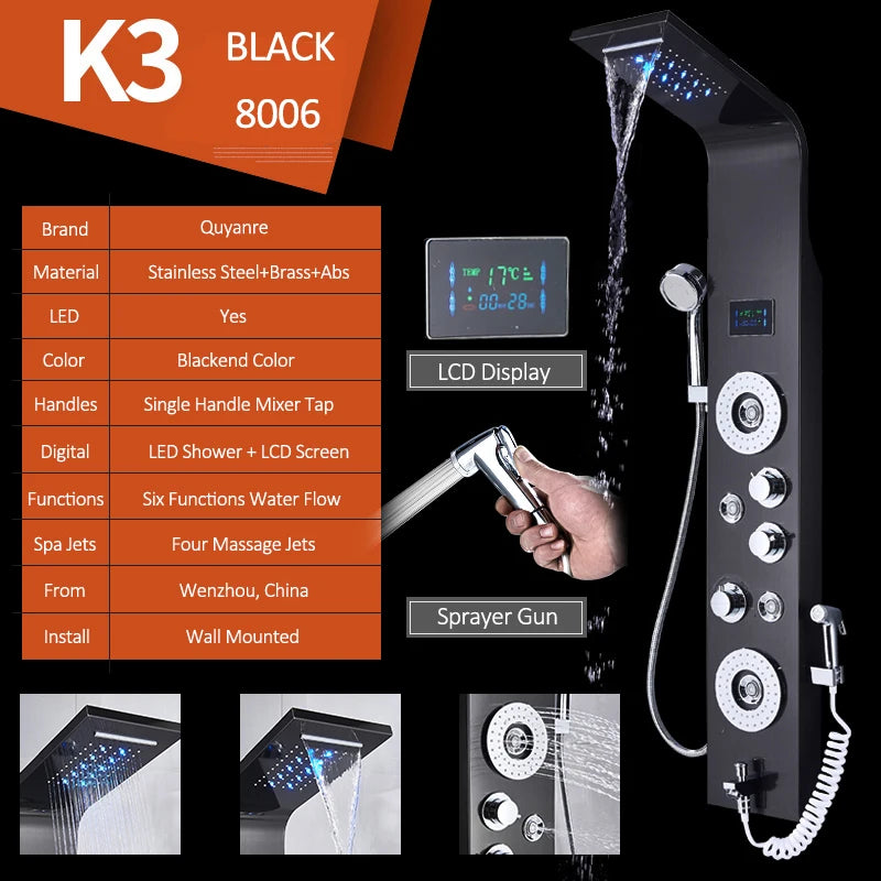 Black Nickel Led Shower Panel Six Functions Shower