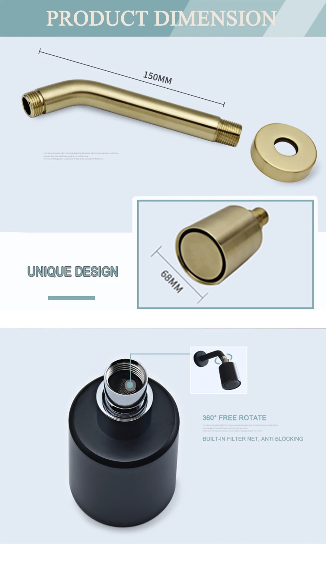 Brushed Gold Bathroom Shower Rainfall Shower Head Handle