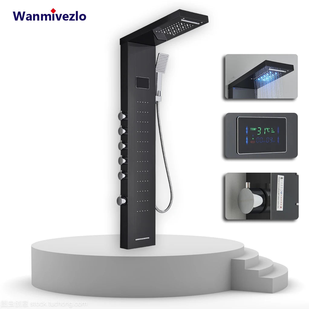 Bathroom Led Light Rain Waterfall Shower Panel Faucet
