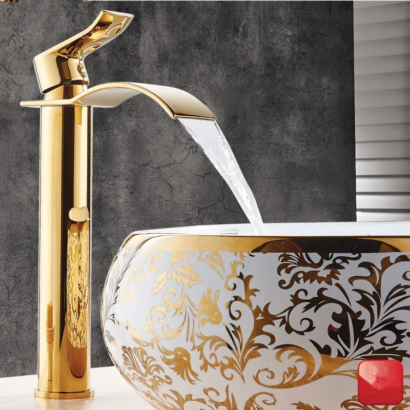 Tuqiu Basin Faucet Gold Waterfall Faucet Brass Bathroom