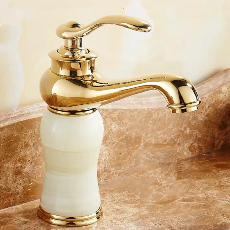 Luxury Golden Handle Bathroom Sink Faucet Jade Marble