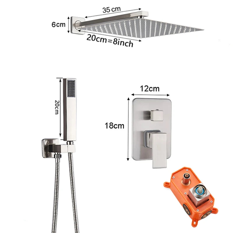 Brushed Nickel Bath Concealed Rainfall Shower Faucets Wall