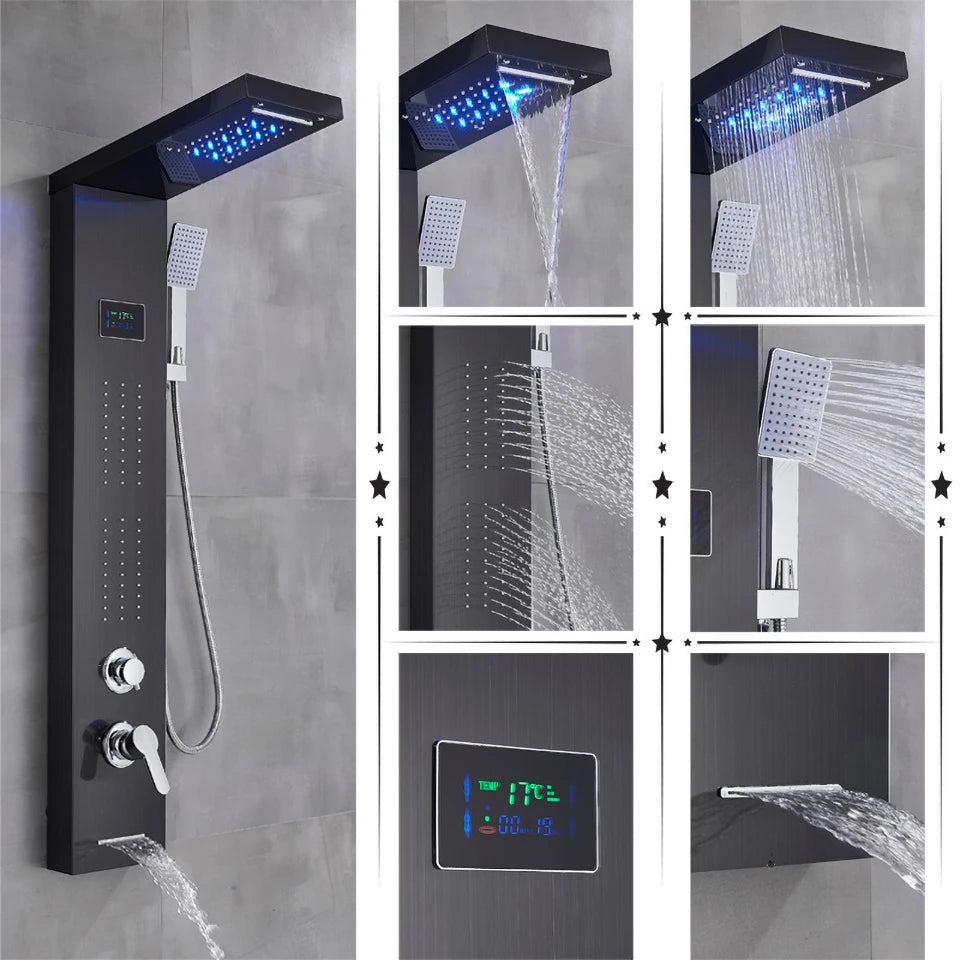 Black/Brushed Bathroom Shower Faucet Led Rainfall Head Shower