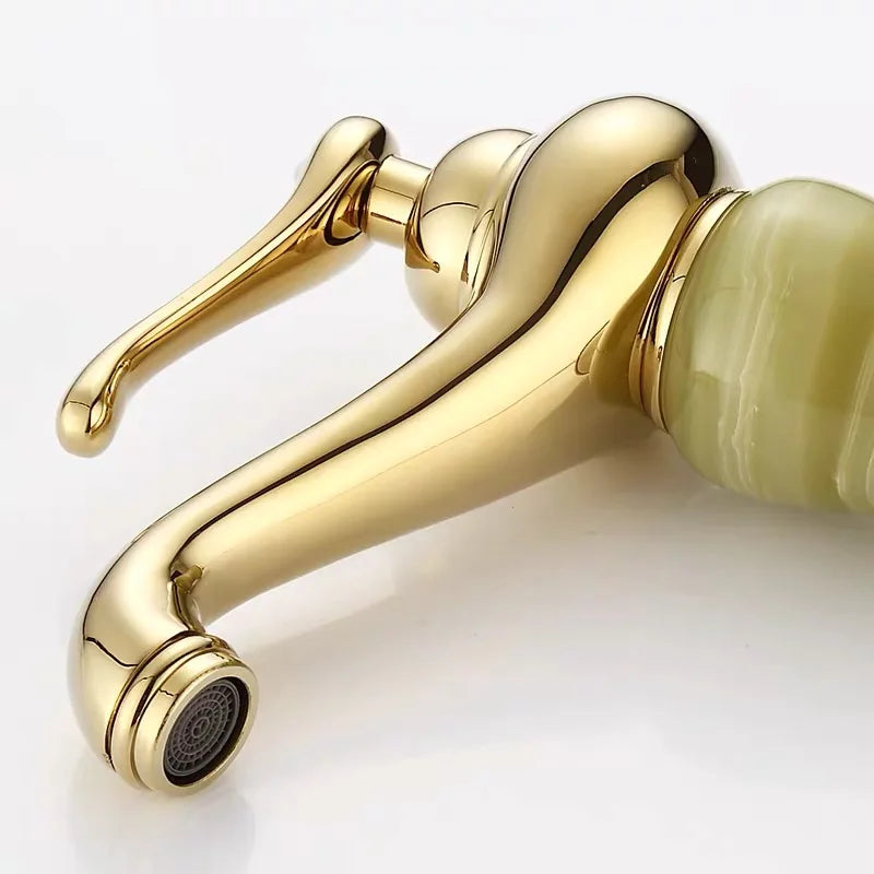 Luxury Golden Handle Bathroom Sink Faucet Jade Marble