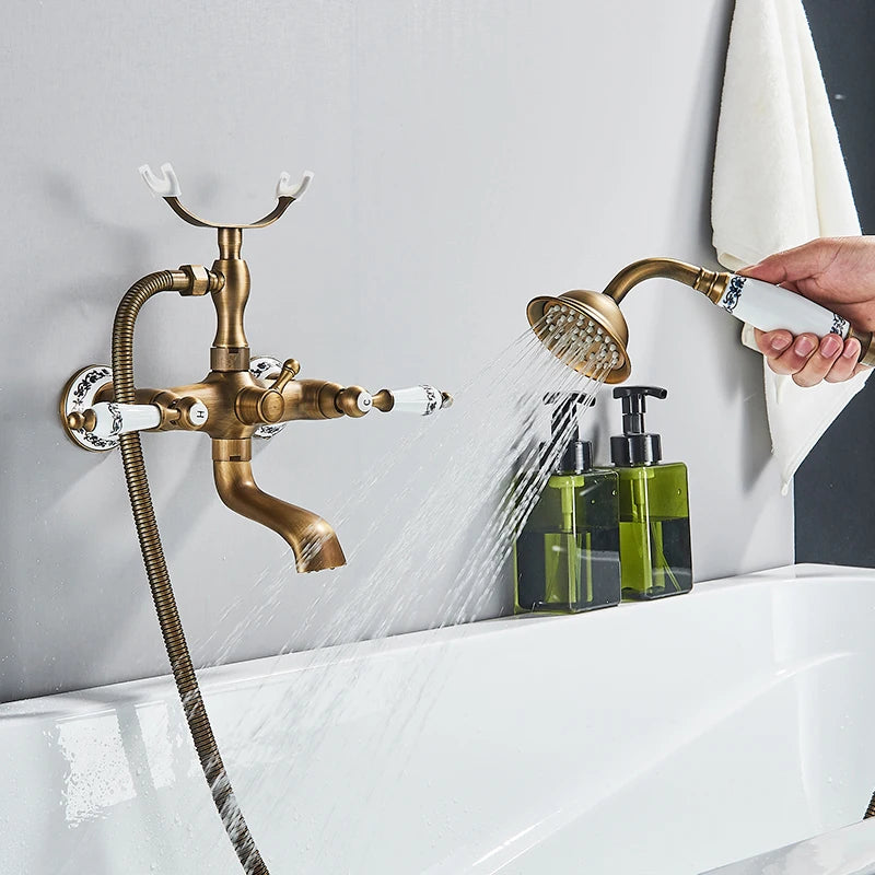 Antique Brass Bathtub Shower Faucet Bathroom Dual Handle
