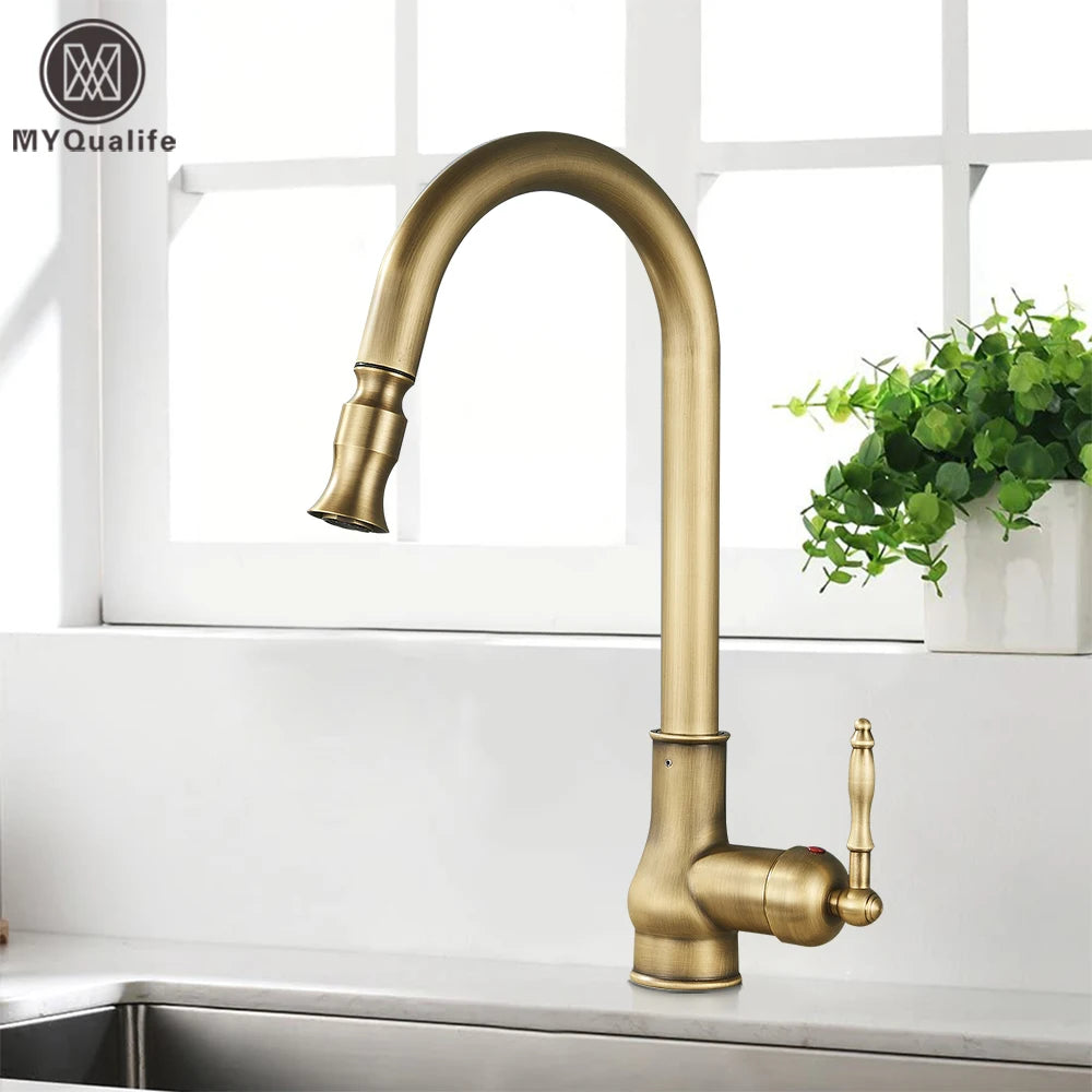 Antique Brass Sink Faucet Pull Down Swivel Spout