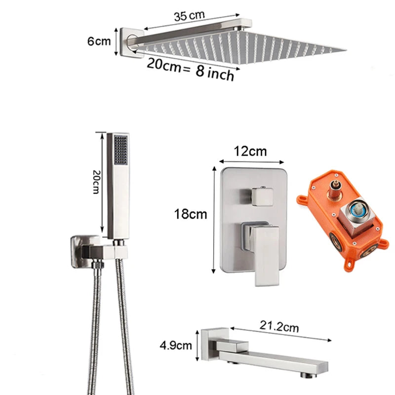 Brushed Nickel Bath Concealed Rainfall Shower Faucets Wall