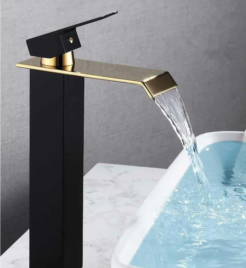 Basin Faucet Gold Black Waterfall Faucet Brass Bathroom