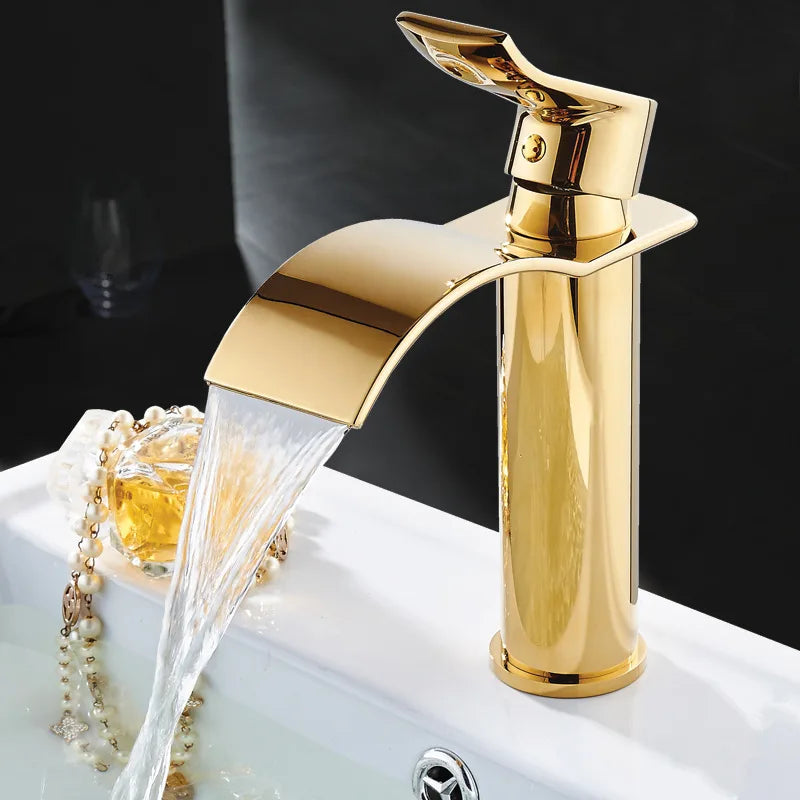 Tuqiu Basin Faucet Gold Waterfall Faucet Brass Bathroom