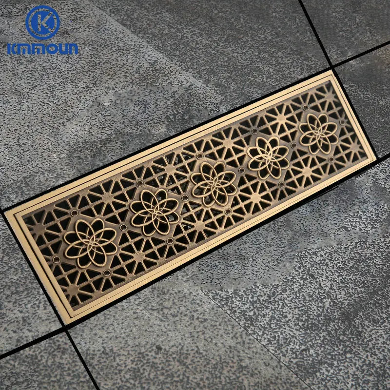 30cmx8cm Rectangle Brass Antique Brushed Carvd Drain Bathroom