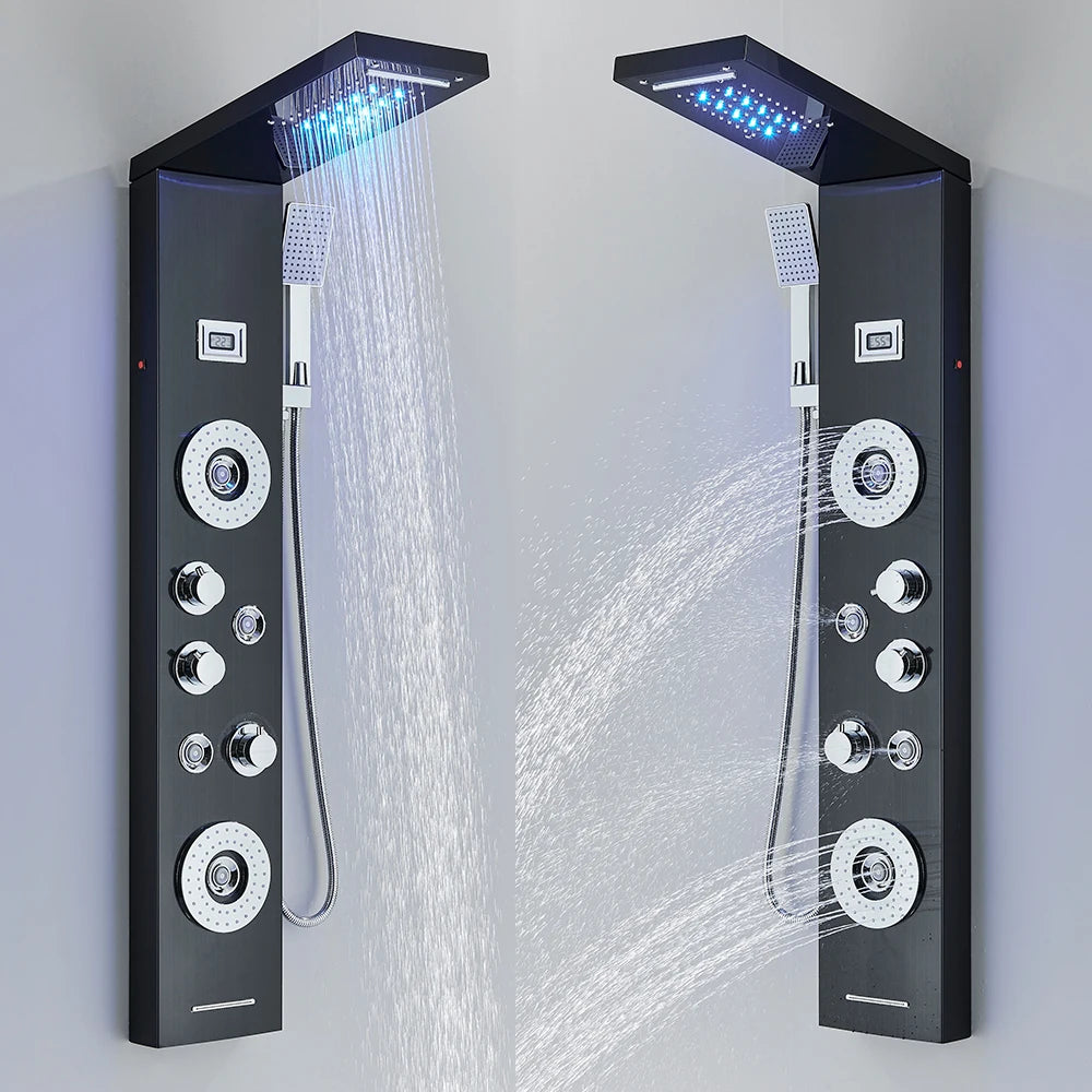 Black Led Shower Panel Waterfall Rain Shower Faucet