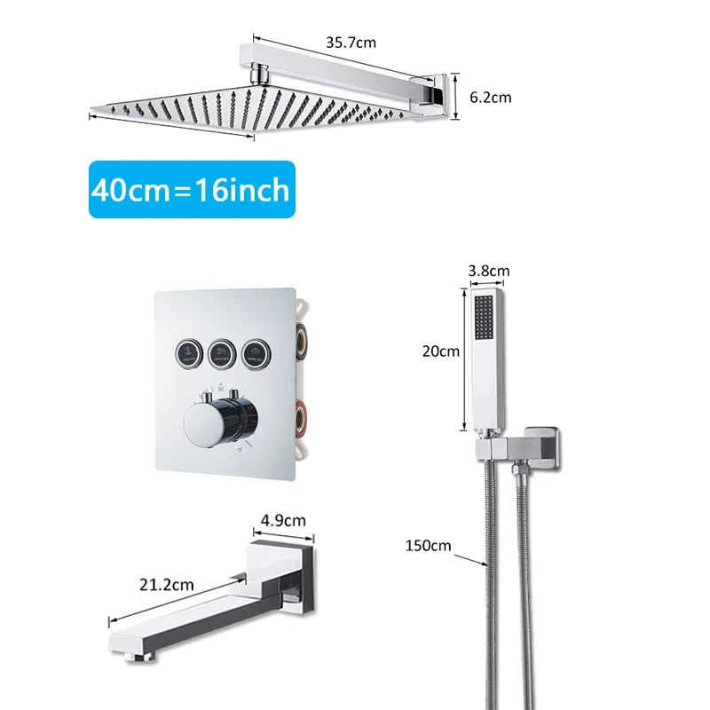 Bathroom Wall Mount Thermostatic Rainfall Shower Faucet Chrome