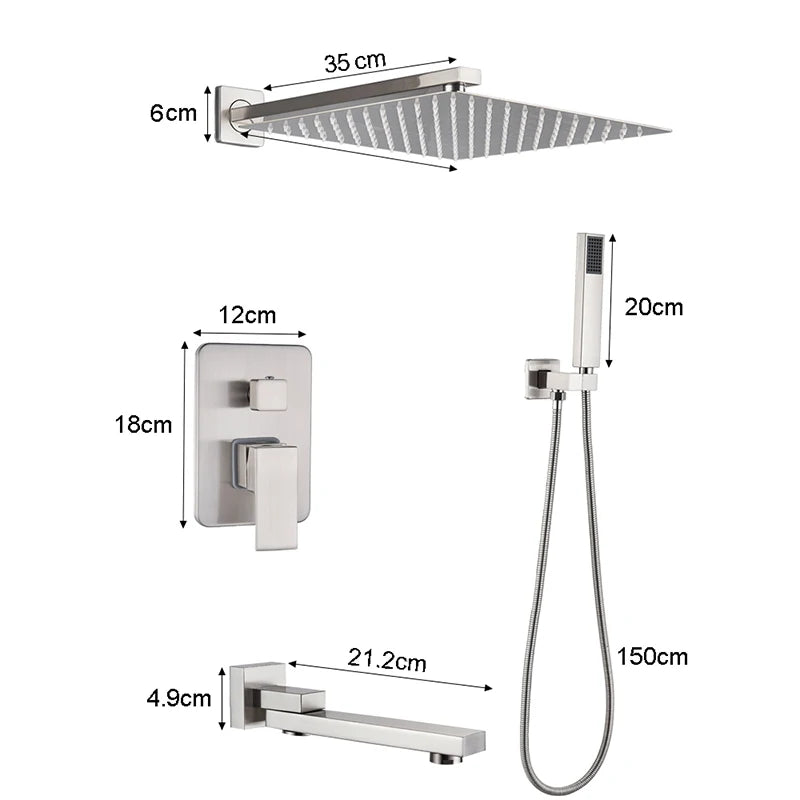 Brushed Nickel Bath Concealed Rainfall Shower Faucets Wall
