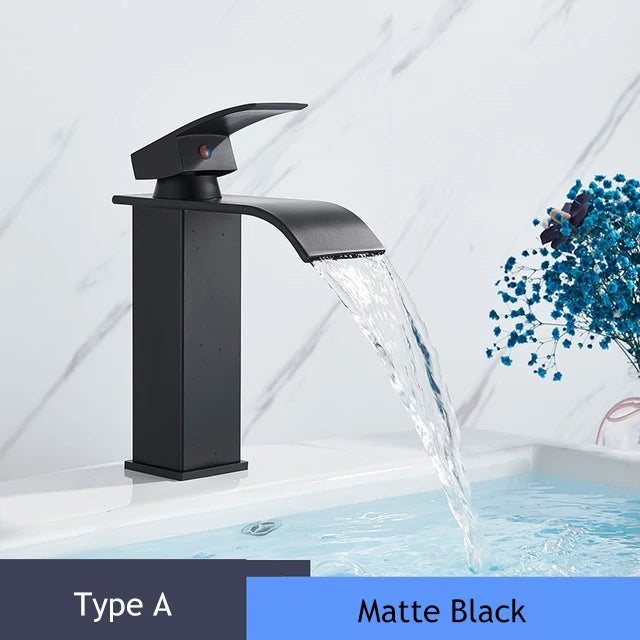 Handle Waterfall Matte Black Bathroom Basin Faucet Waterfall