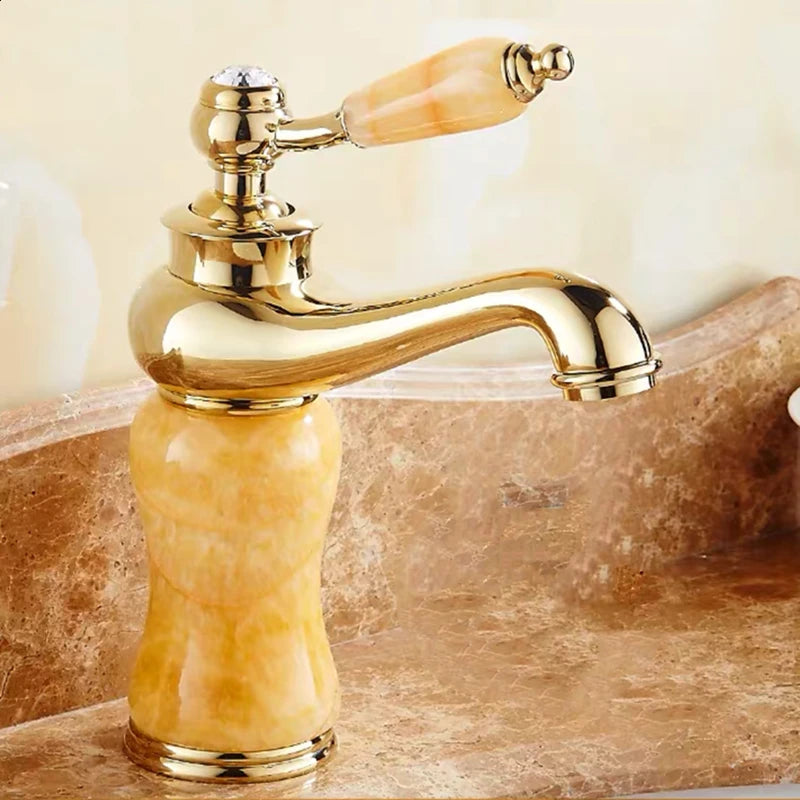 Luxury Golden Handle Bathroom Sink Faucet Jade Marble