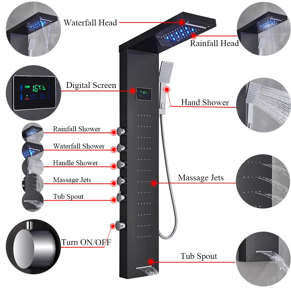 Black/Brushed Bathroom Shower Faucet Led Rainfall Head Shower