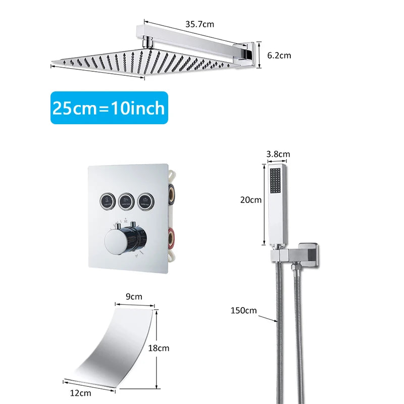 Bathroom Wall Mount Thermostatic Rainfall Shower Faucet Chrome