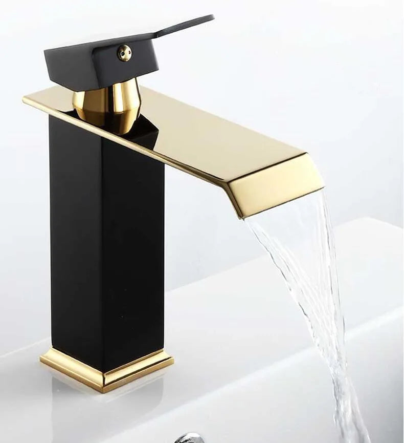 Basin Faucet Gold Black Waterfall Faucet Brass Bathroom