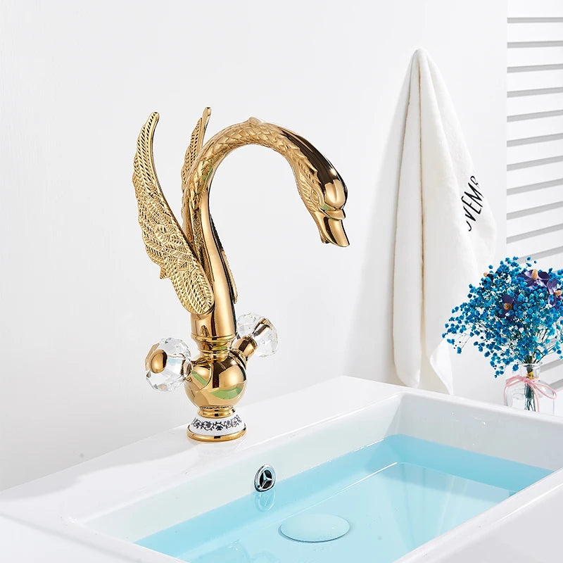 Golden Luxury Swan Basin Faucet Deck Mounted Bathroom